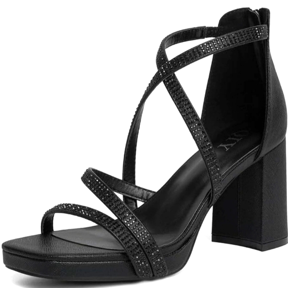 Y2K Black Sparkle Strappy Square Toe Chunky Platform Back Zip Heels Dress Shoes - Picture 1 of 11